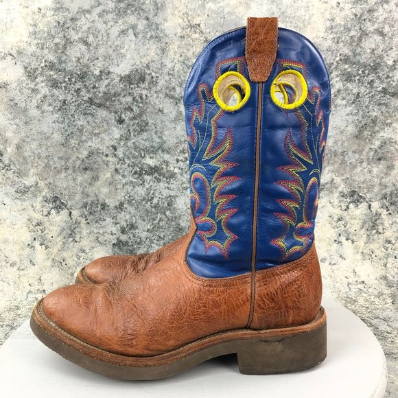 BOULET Men's 11.5 E Brown Blue Leather Embroidered Western Cowboy Boots Canada - Picture 3 of 14